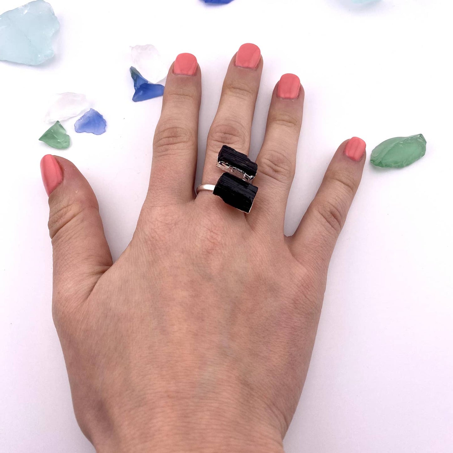 Duo Black Tourmaline Silver Adjustable Ring