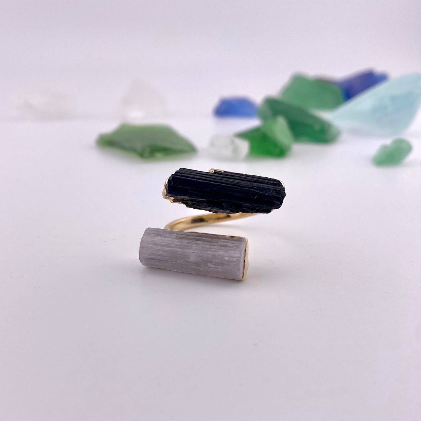 Duo Black Tourmaline and Selenite Adjustable Ring