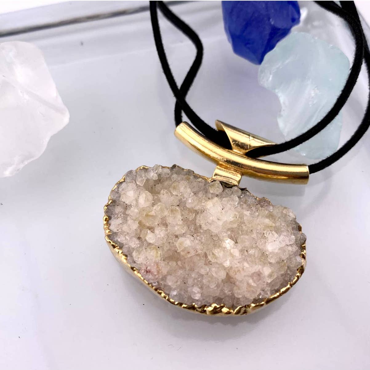 Crystal Druse Pendant + Raw Leather Chain