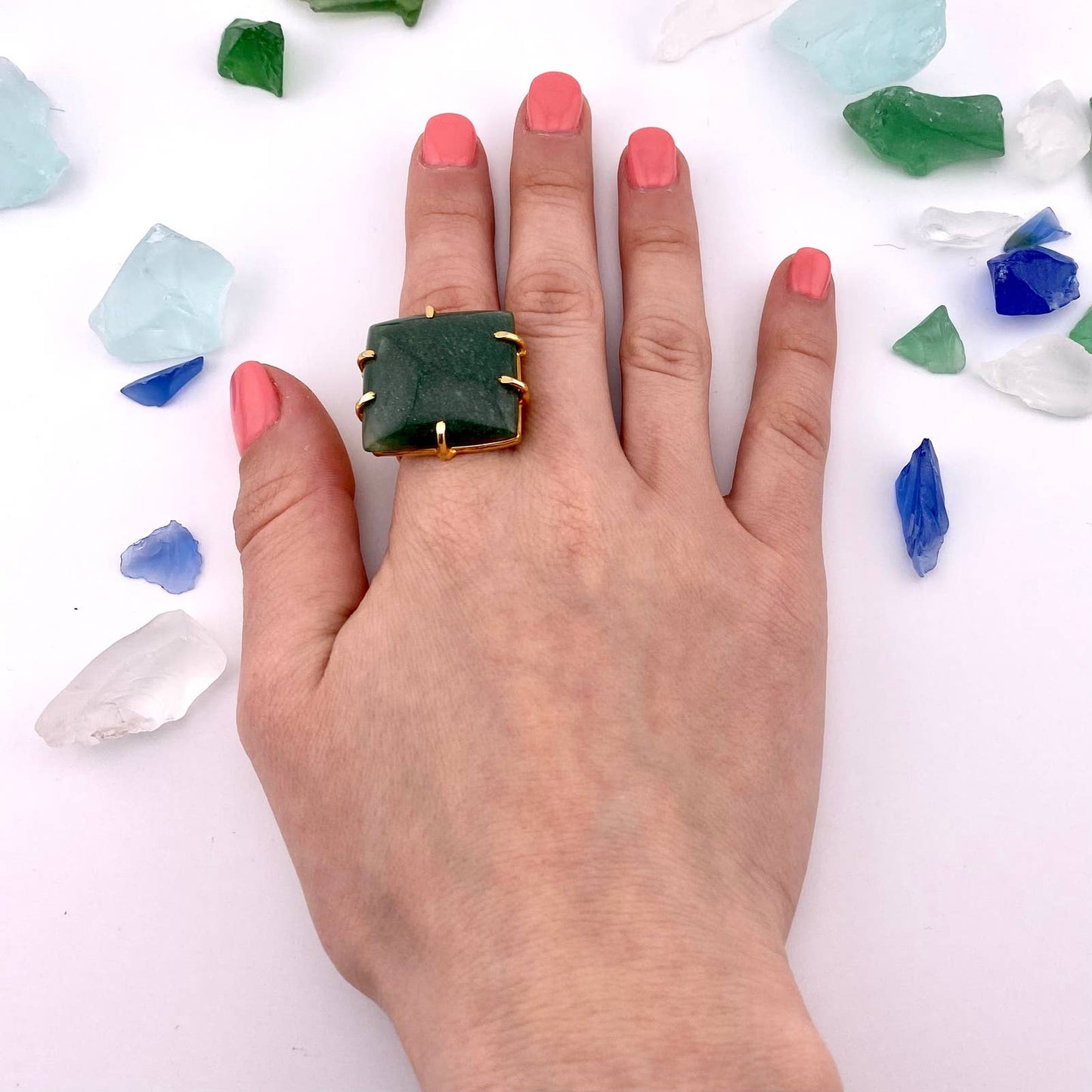 Green Quartz Square Adjustable Ring
