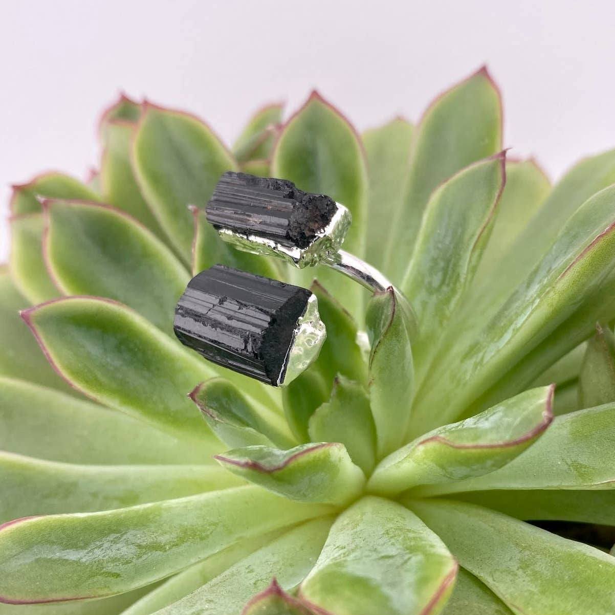 Duo Black Tourmaline Silver Adjustable Ring
