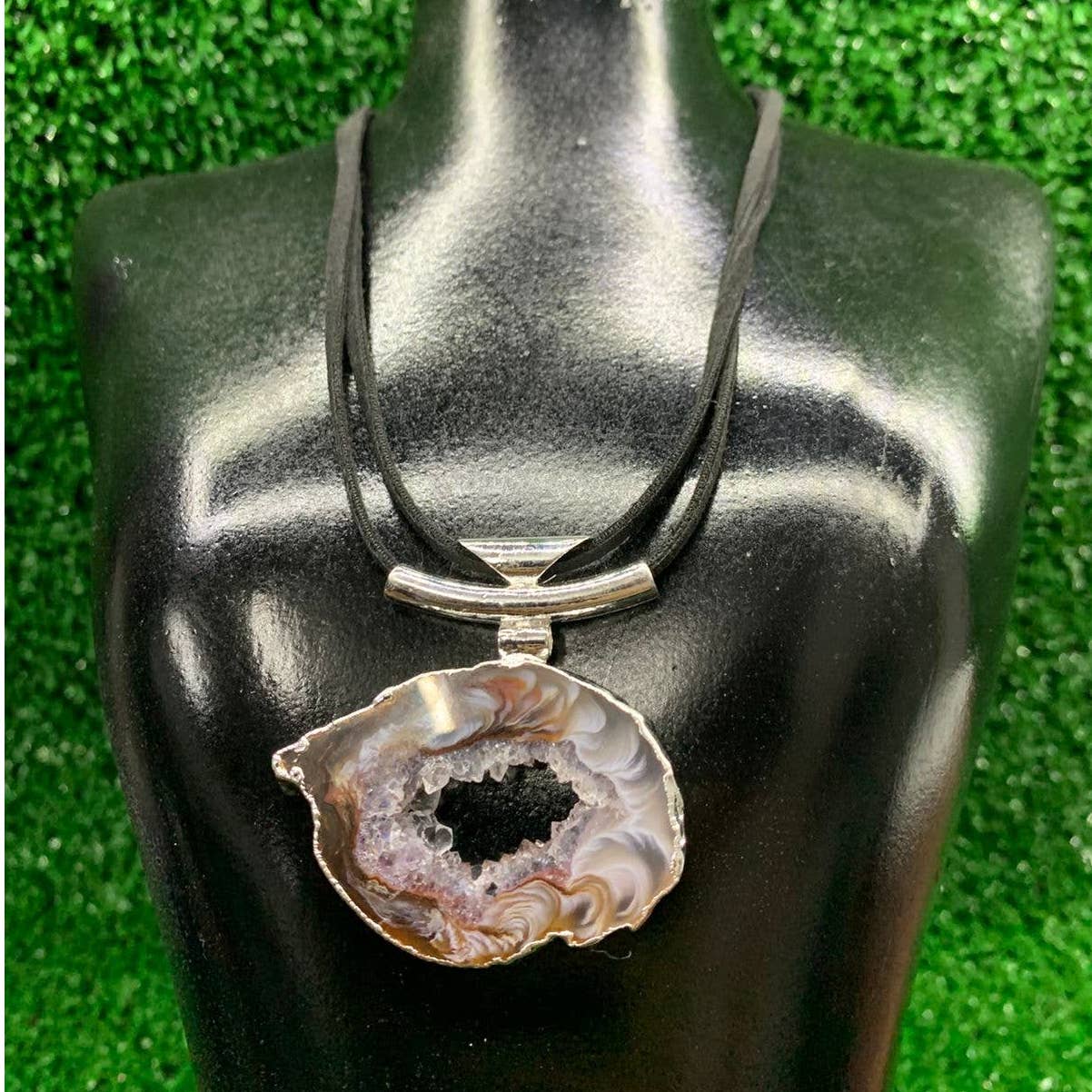 Natural Agate Geode Pendant with Raw Leather Chain