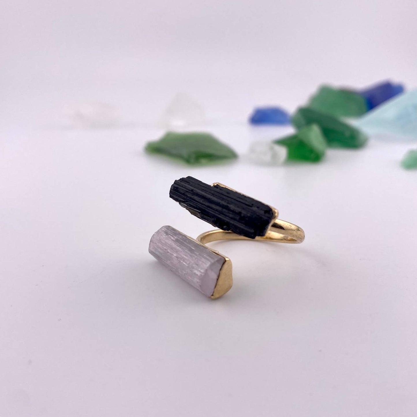 Duo Black Tourmaline and Selenite Adjustable Ring