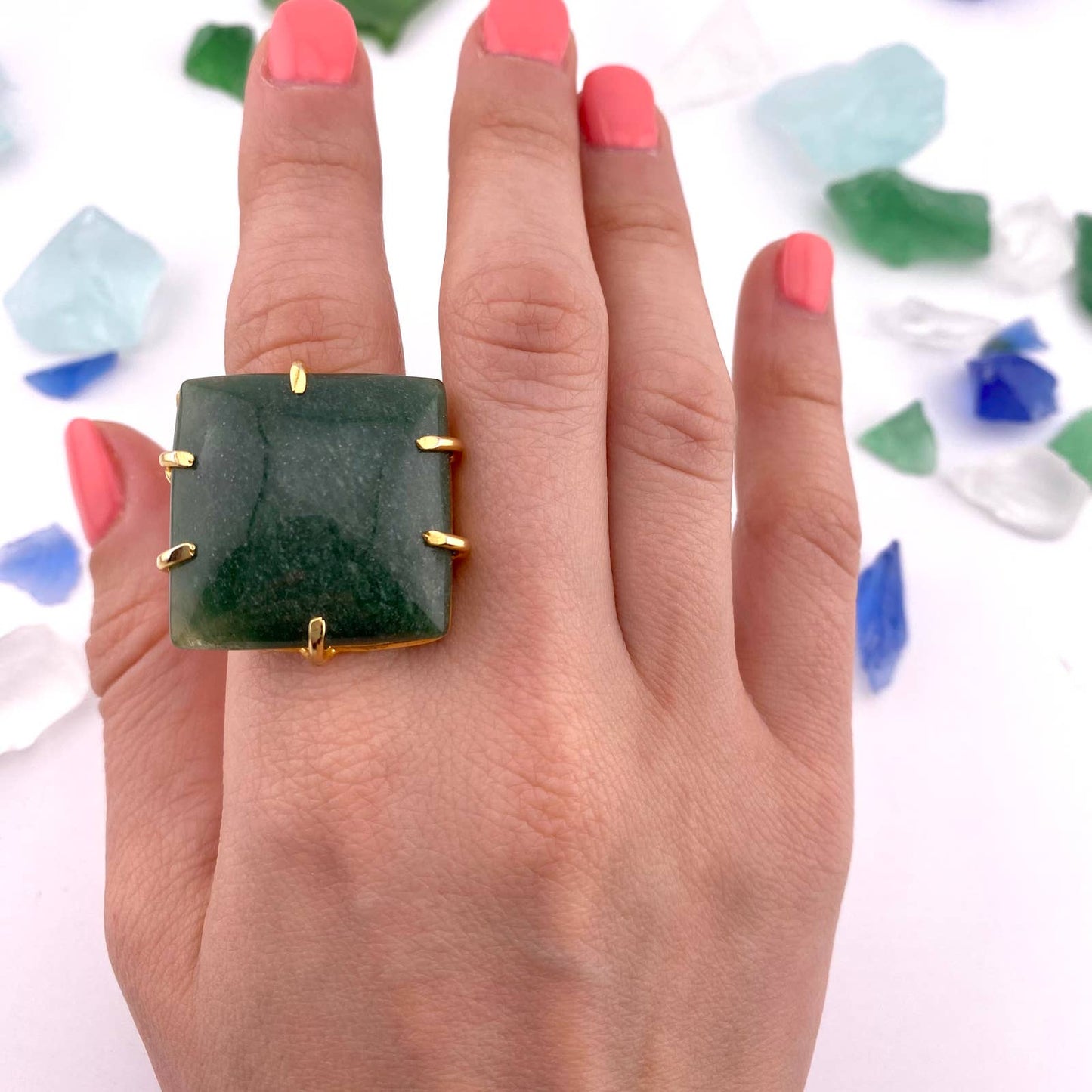 Green Quartz Square Adjustable Ring