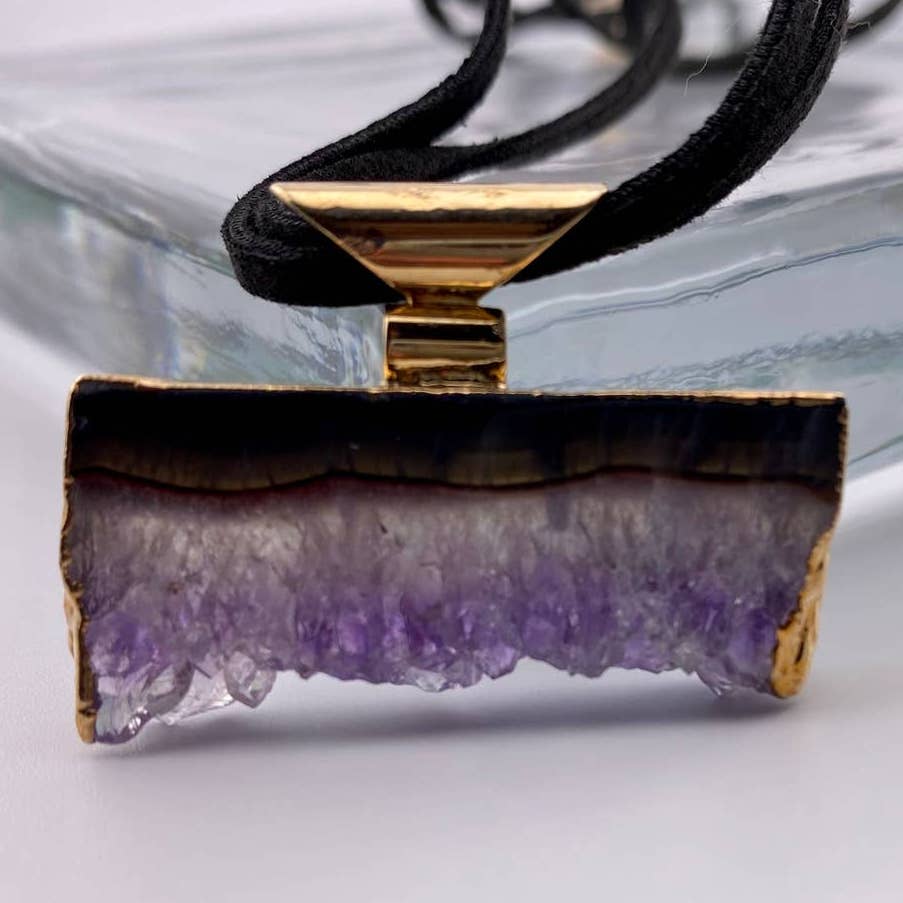Amethyst Druse Pendant and Raw Leather Chain Necklace
