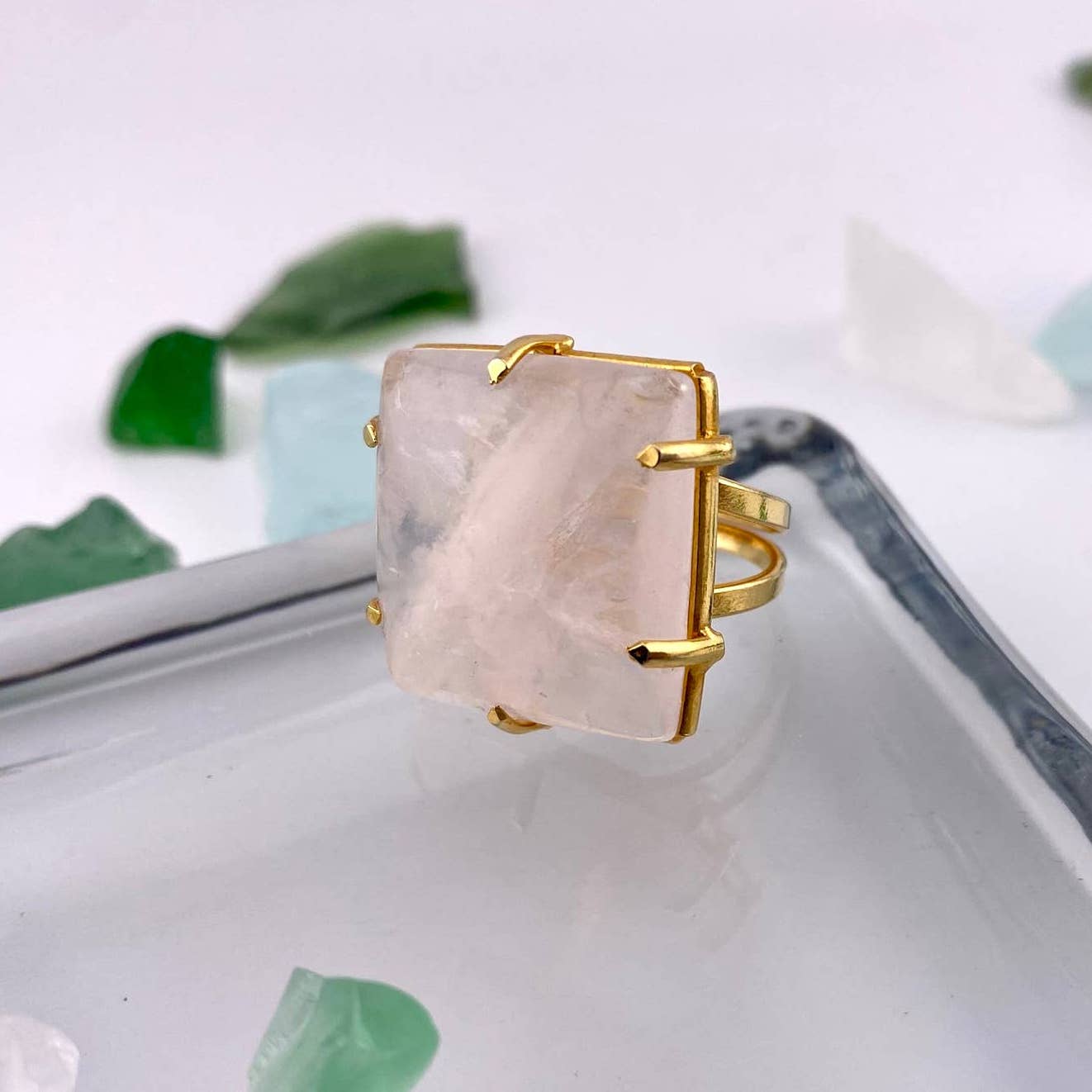 Clear Crystal Quartz Square Adjustable Ring