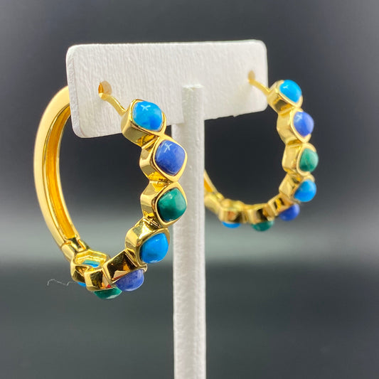 Green and Turquoise Howlite, Blue Quartz Hoop Earrings