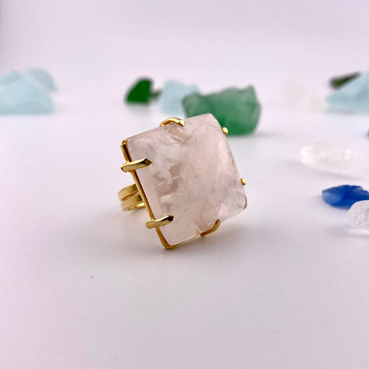 Clear Crystal Quartz Square Adjustable Ring