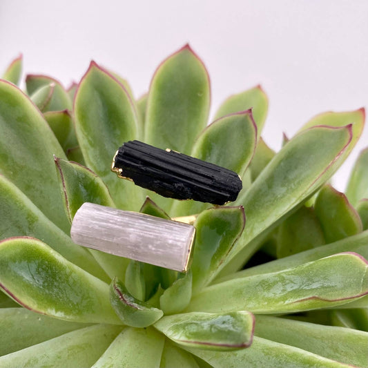 Duo Black Tourmaline and Selenite Adjustable Ring