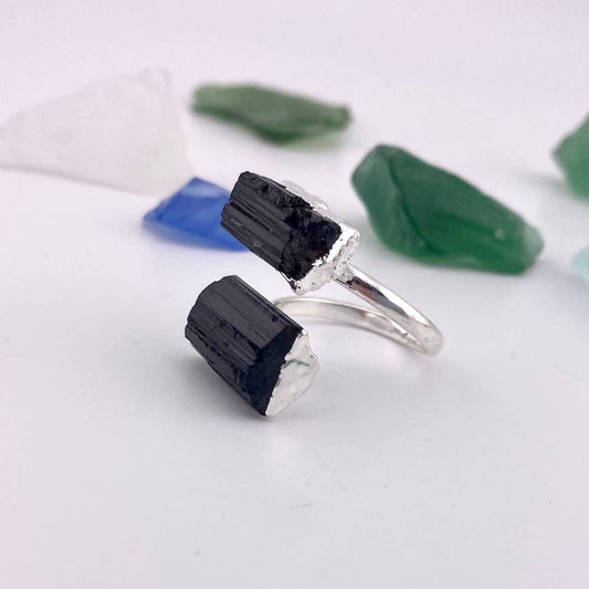 Duo Black Tourmaline Silver Adjustable Ring